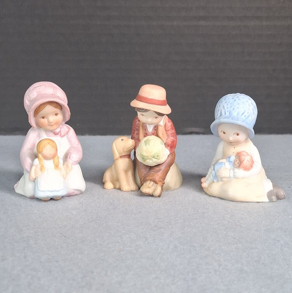 3 Vintage Holly Hobbie Miniature Porcelain Figurines Little Mother Boy w/ Dog